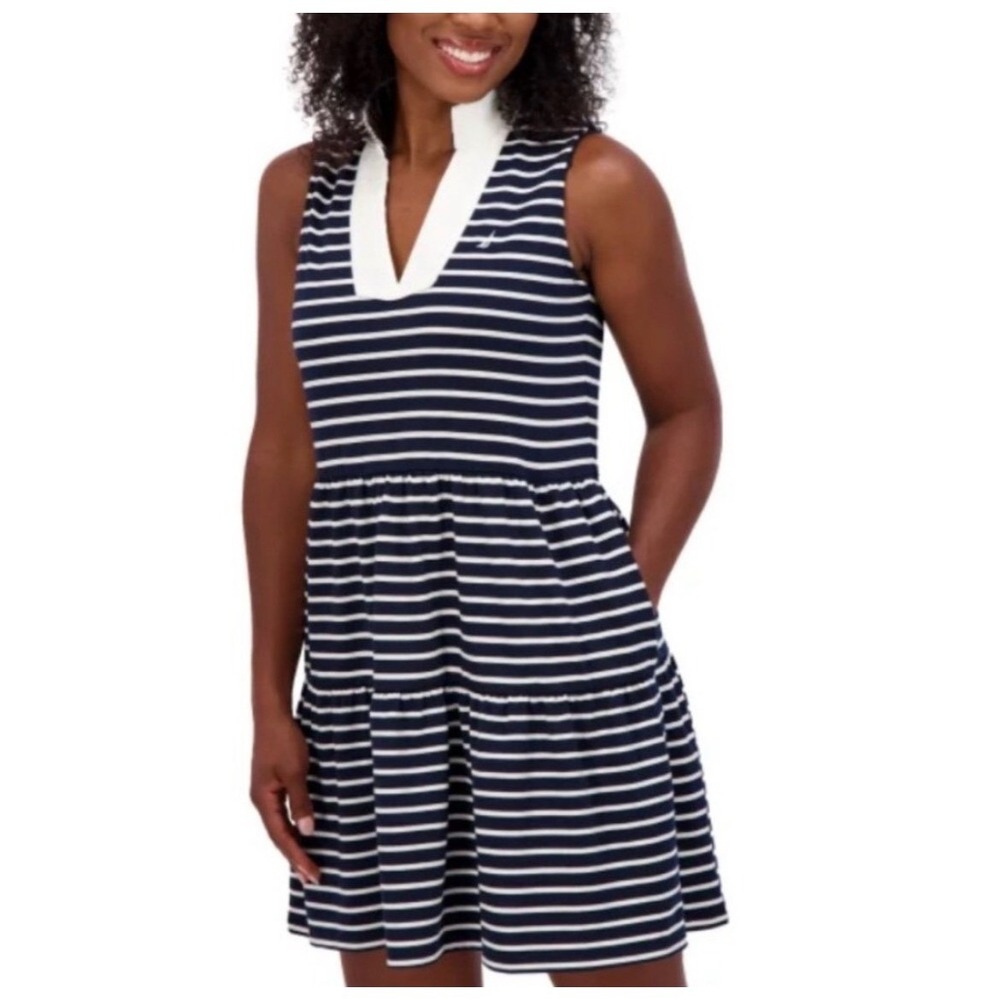 NAUTICA Tiered Mini Dress Womens Large Navy White Striped Sleeveless Pockets NWT - Picture 11 of 16